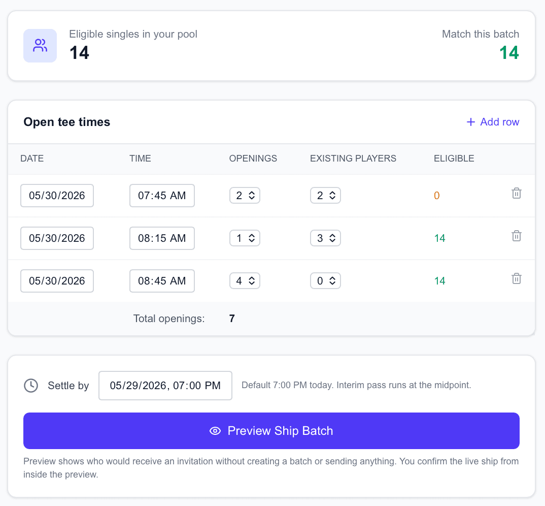 Eastwood Golf Course Singles Pool dashboard — operator entering open tee times with 14 eligible members in the pool